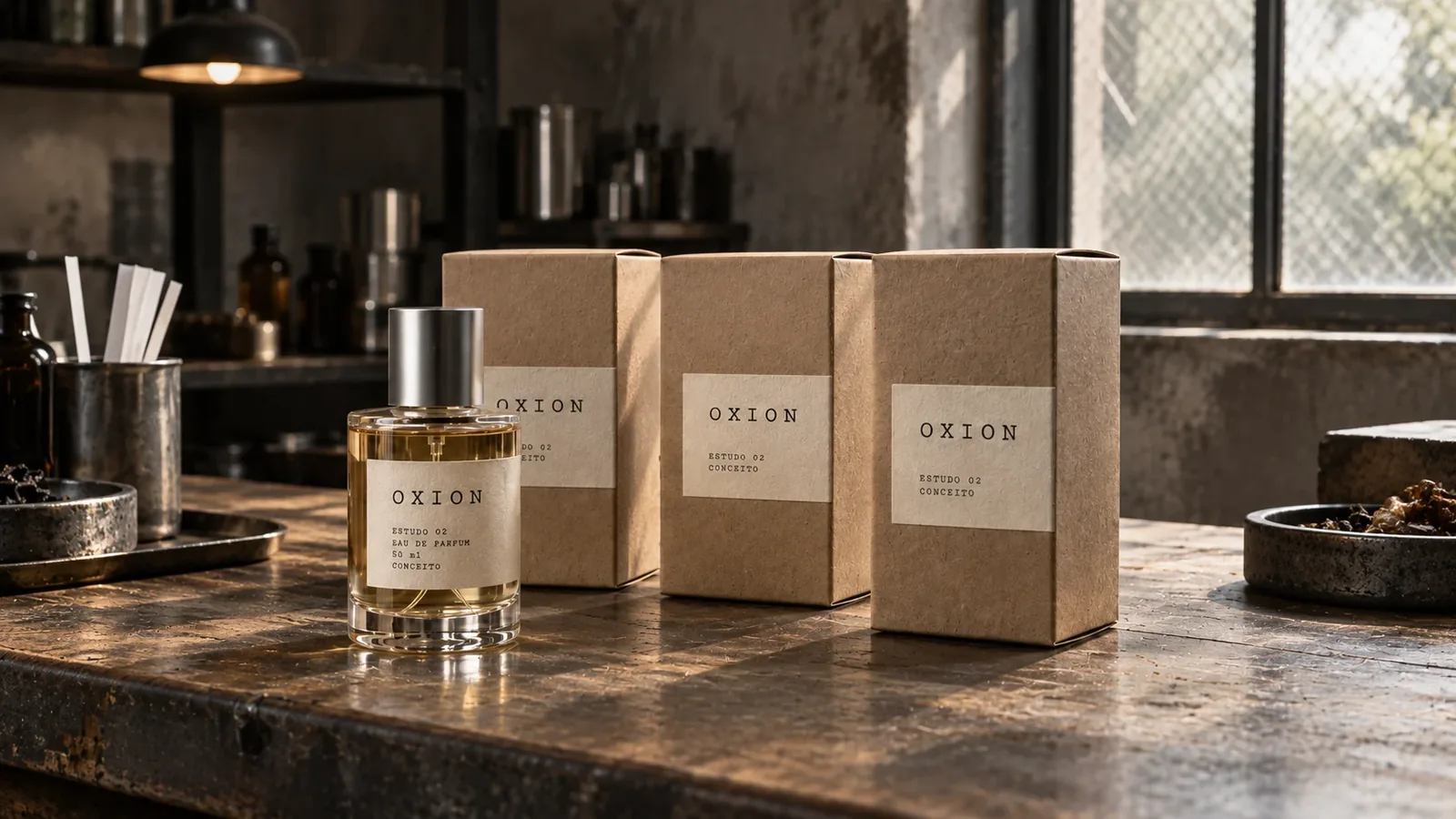 Perfume e embalagens Oxion dispostos sobre uma bancada